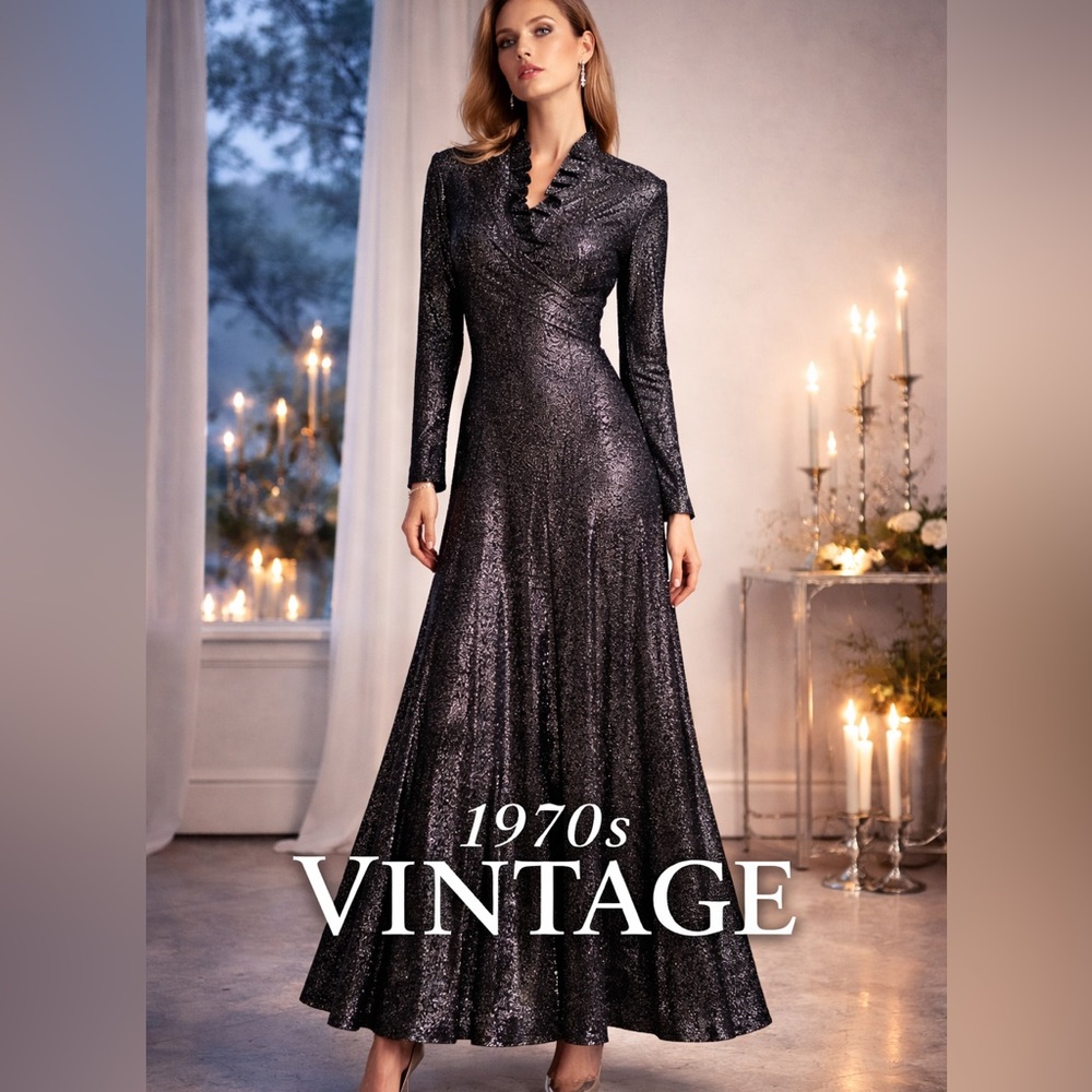 VTG 1970s Metallic Lurex Evening Dress Black Silver Shimmer Gala Cocktail Size M